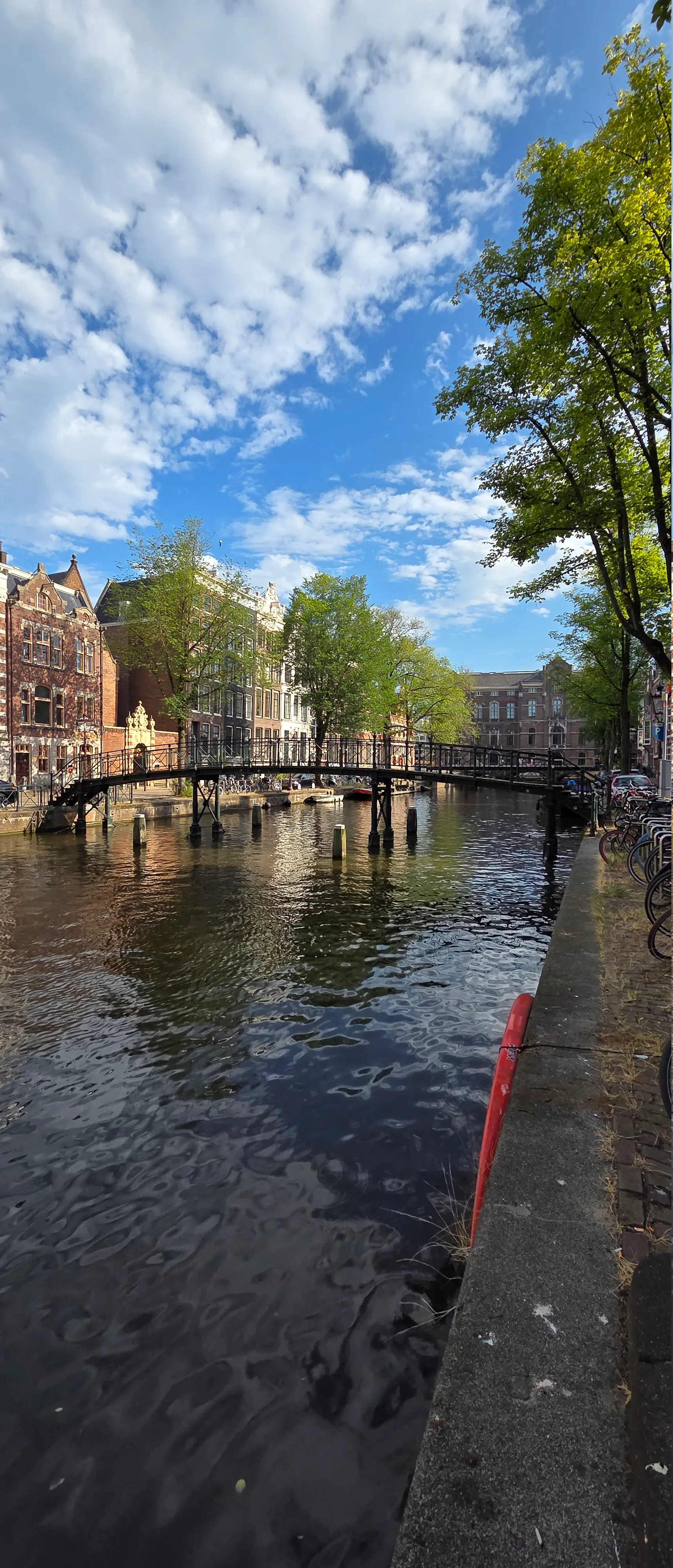 A low iron footbridge crossing a tree-lined Amsterdam canal, with gabled canal houses behind it